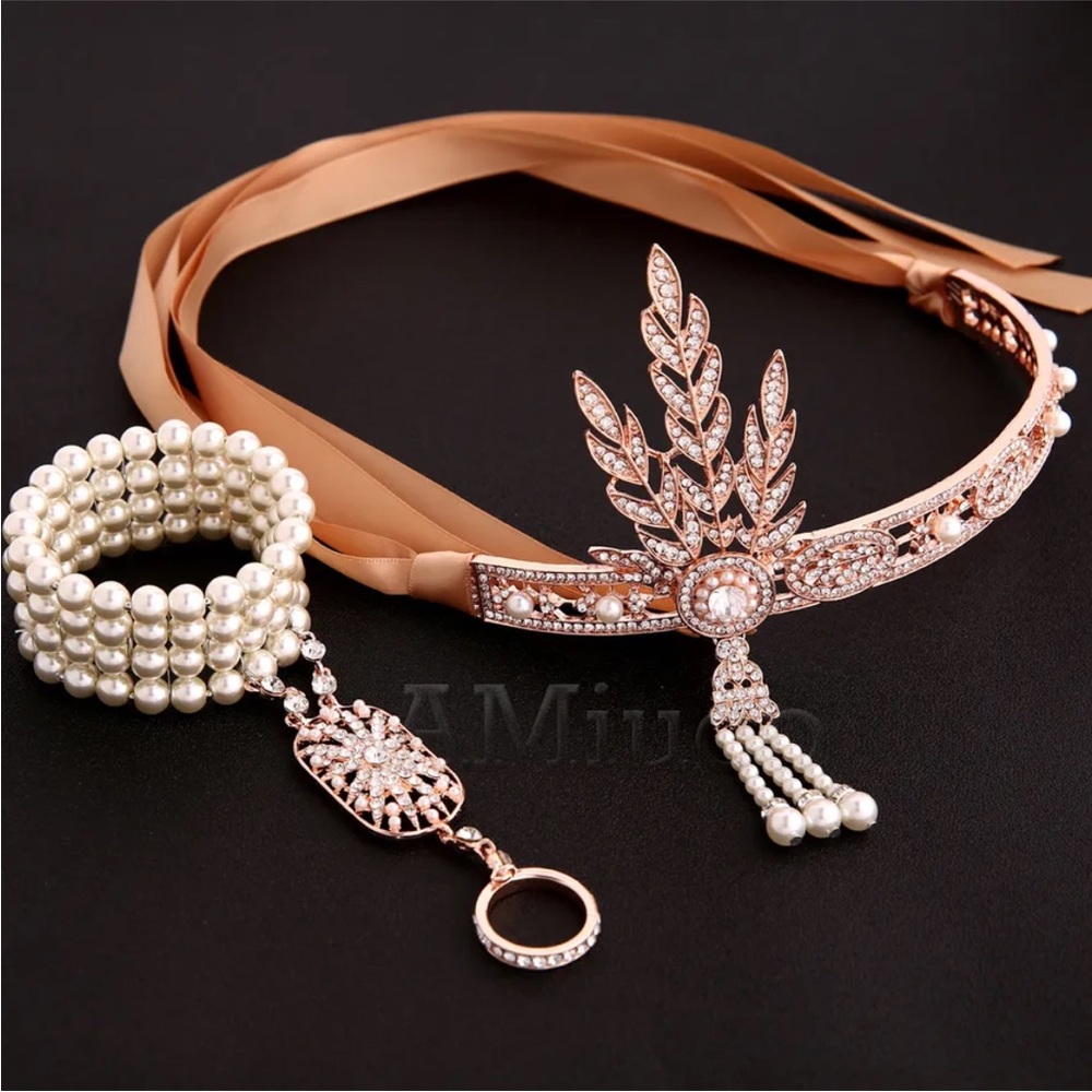 Gatsby headpiece and bracket. Gold and faux pearl bracket.